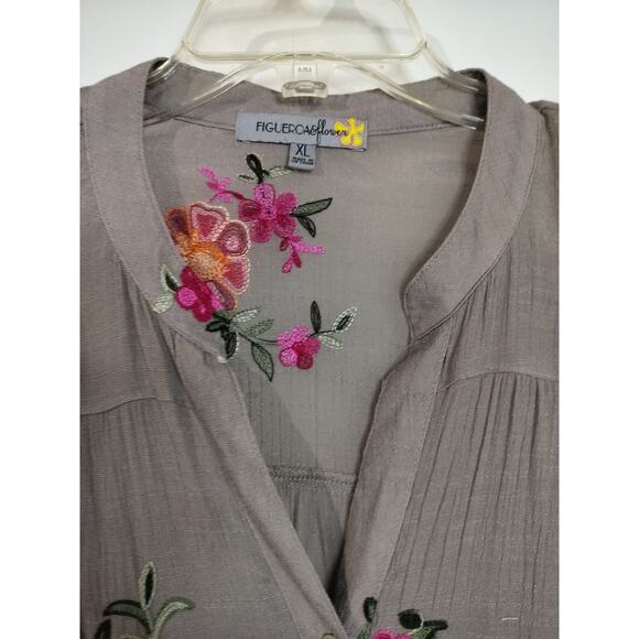 2750)Figueroa & Flower Taupe Embroidery Long Sleeve Button Up Tunic Top XL - Picture 7 of 12